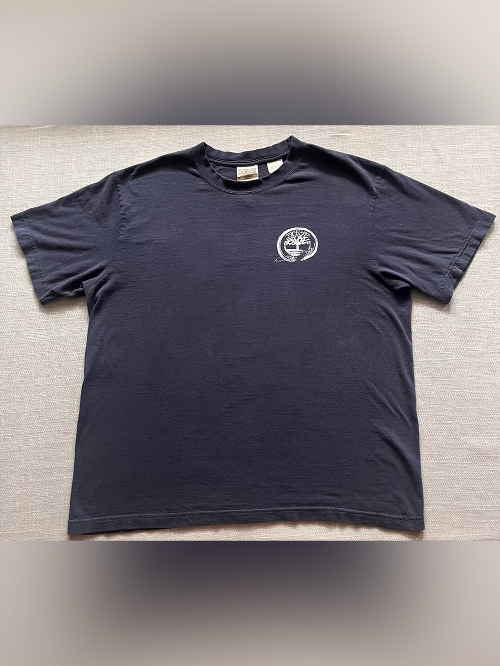 Vintage Y2K Timberland Navy Short Sleeve Crewneck Tee with Distressed Tree Logo